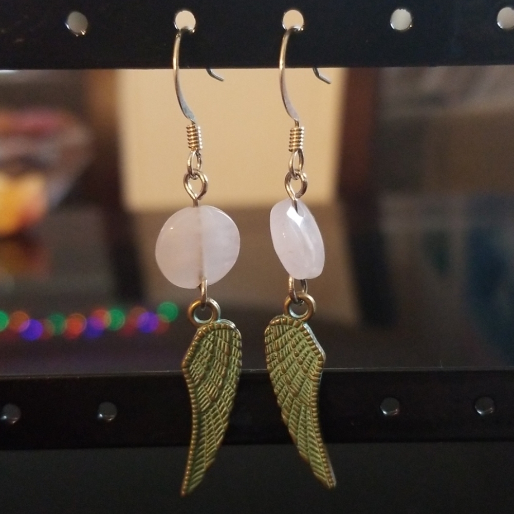 Rose quartz on angel wing earrings